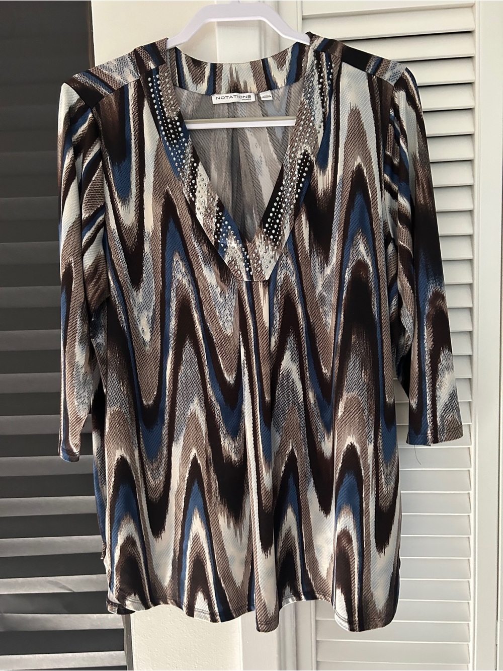 Notations Brown & Blue V-Neck Printed Women's Top with Embellished Trim